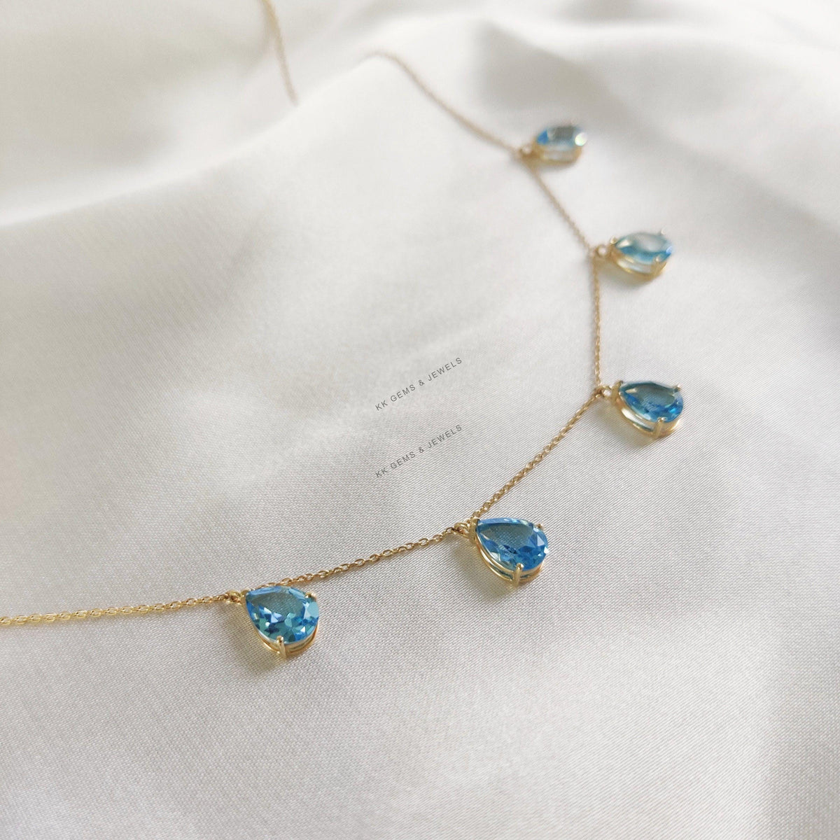 Natural Swiss Blue Topaz Necklace, 14K Solid Yellow Gold Chain Pendant, December Birthstone