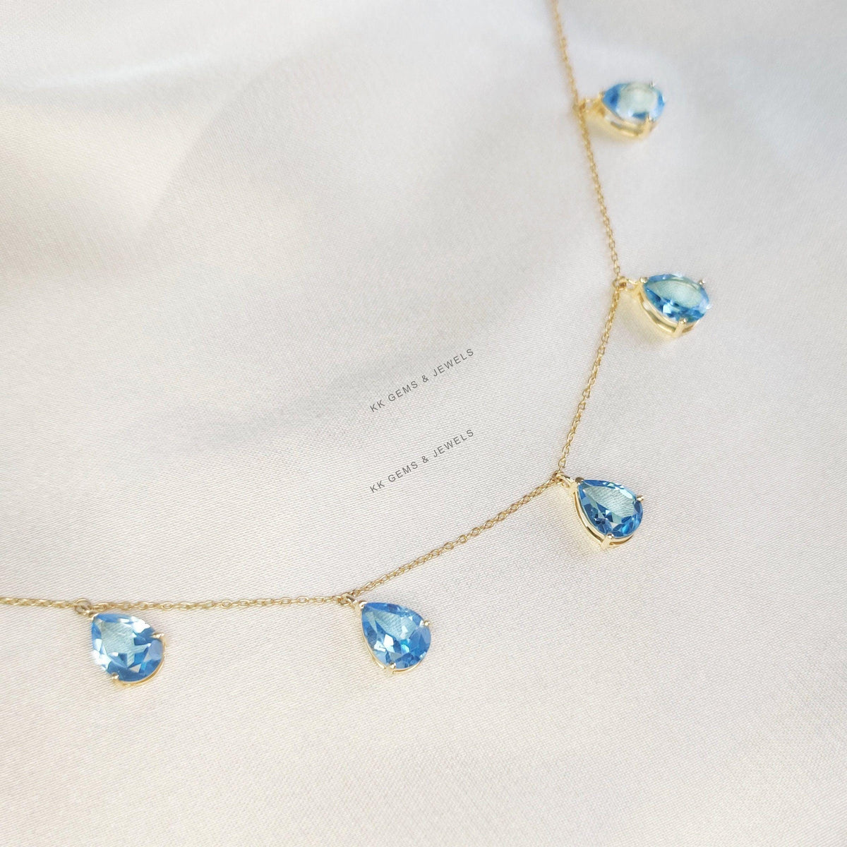Natural Swiss Blue Topaz Necklace, 14K Solid Yellow Gold Chain Pendant, December Birthstone
