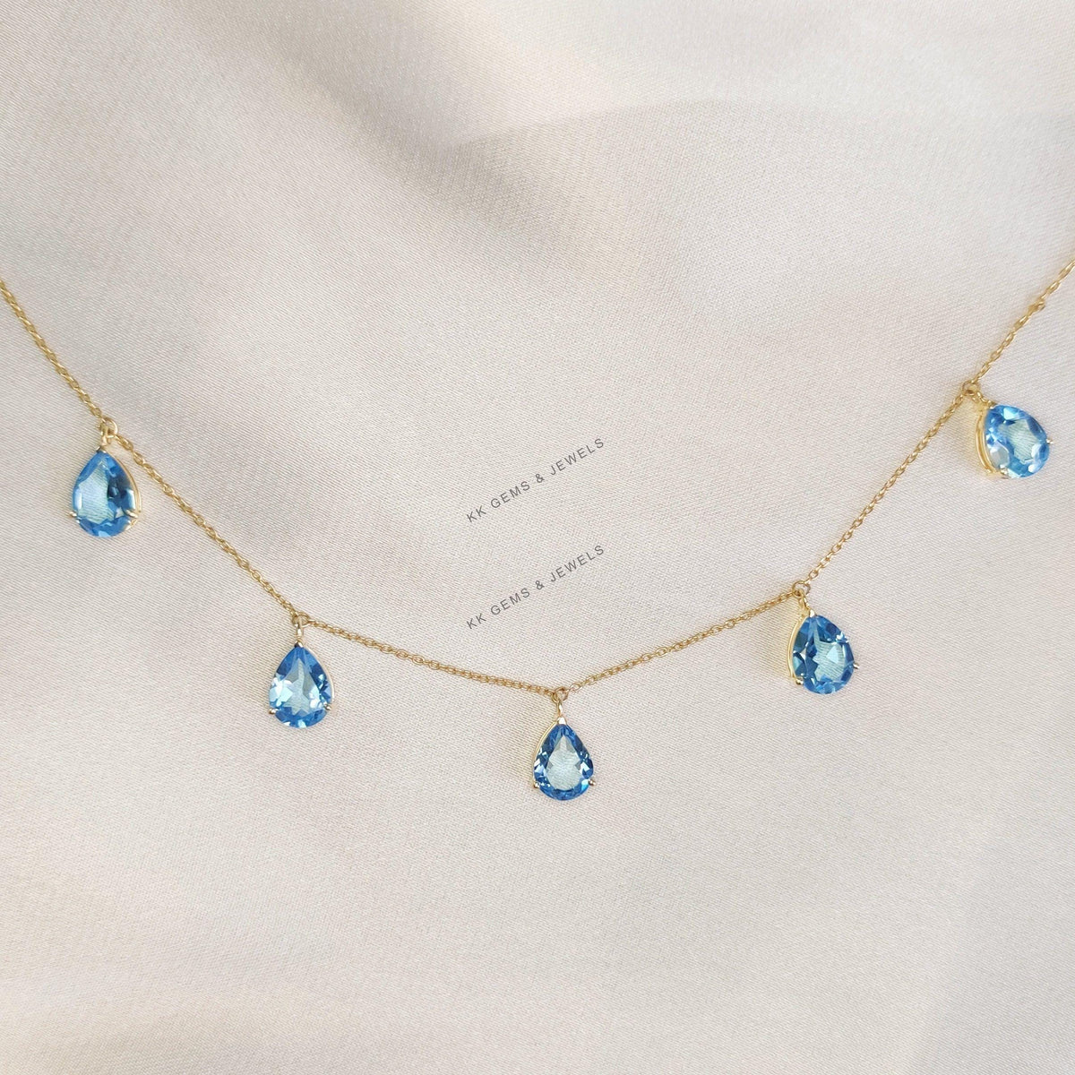 Natural Swiss Blue Topaz Necklace, 14K Solid Yellow Gold Chain Pendant, December Birthstone