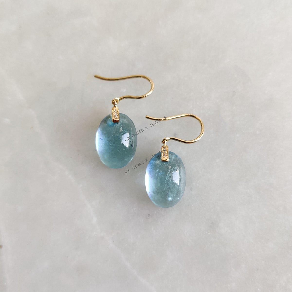 Natural Aquamarine & Diamond 14K Solid Gold Drill Earrings, March Birthstone