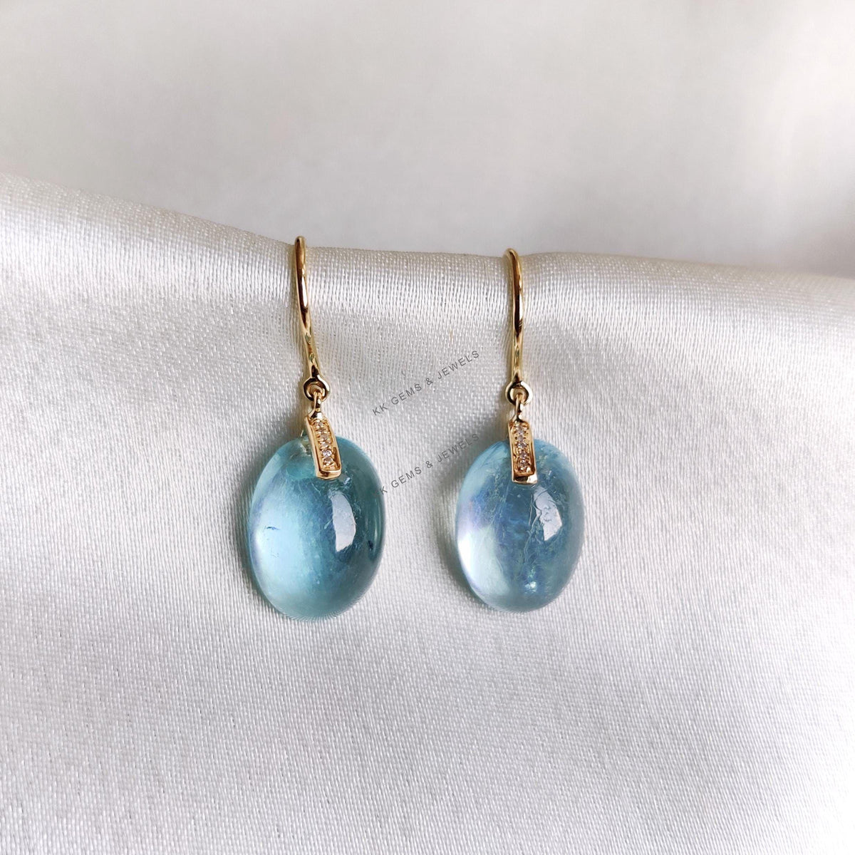 Natural Aquamarine & Diamond 14K Solid Gold Drill Earrings, March Birthstone