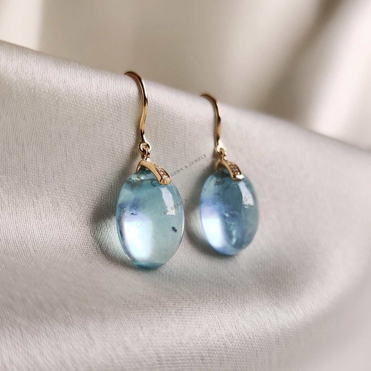 Natural Aquamarine & Diamond 14K Solid Gold Drill Earrings, March Birthstone