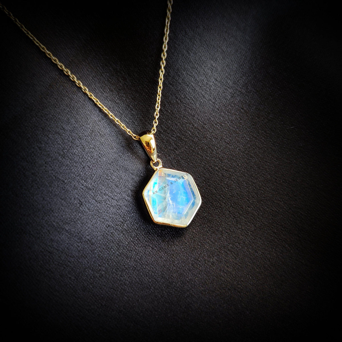14K Solid Gold Natural Rainbow Moonstone Pendant: June Birthstone Jewelry