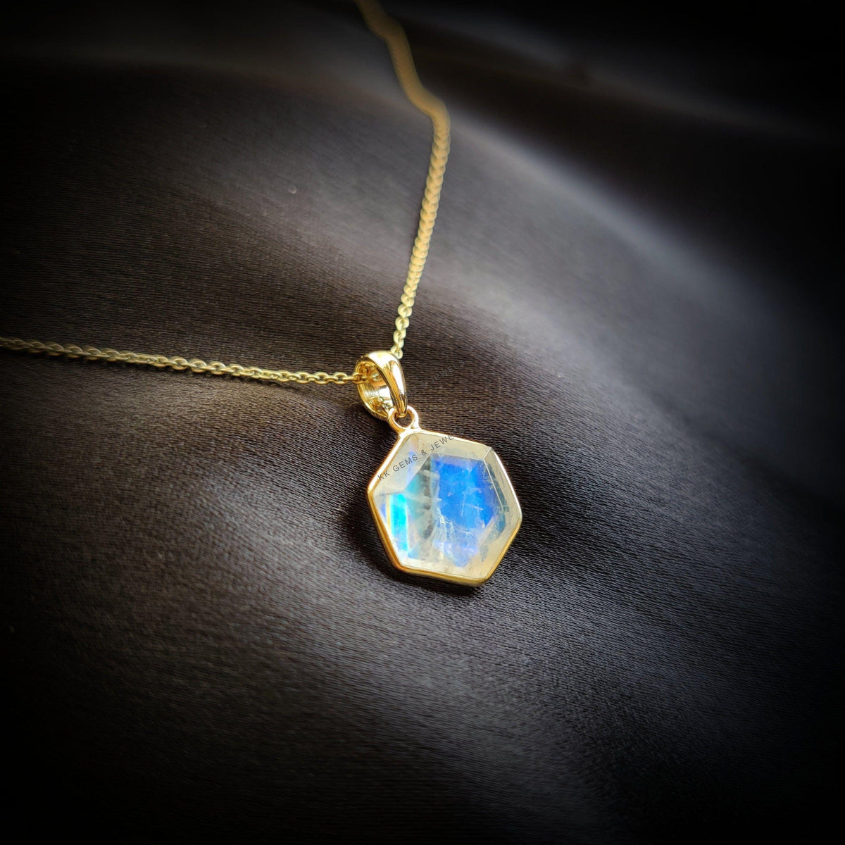 14K Solid Gold Natural Rainbow Moonstone Pendant: June Birthstone Jewelry