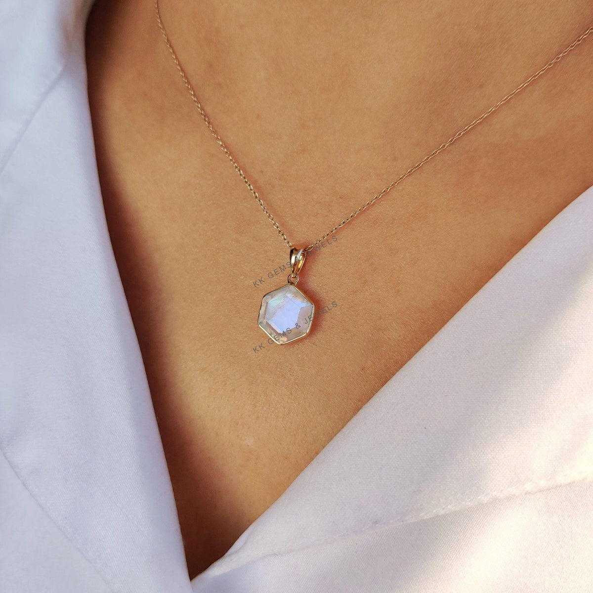 14K Solid Gold Natural Rainbow Moonstone Pendant: June Birthstone Jewelry