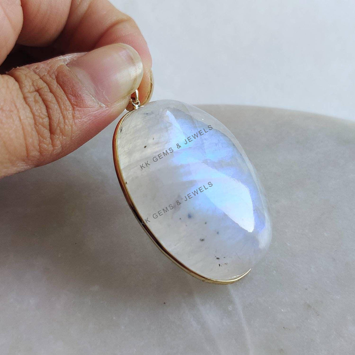 Natural Rainbow Moonstone 14K Solid Yellow Gold Pendant, June Birthstone