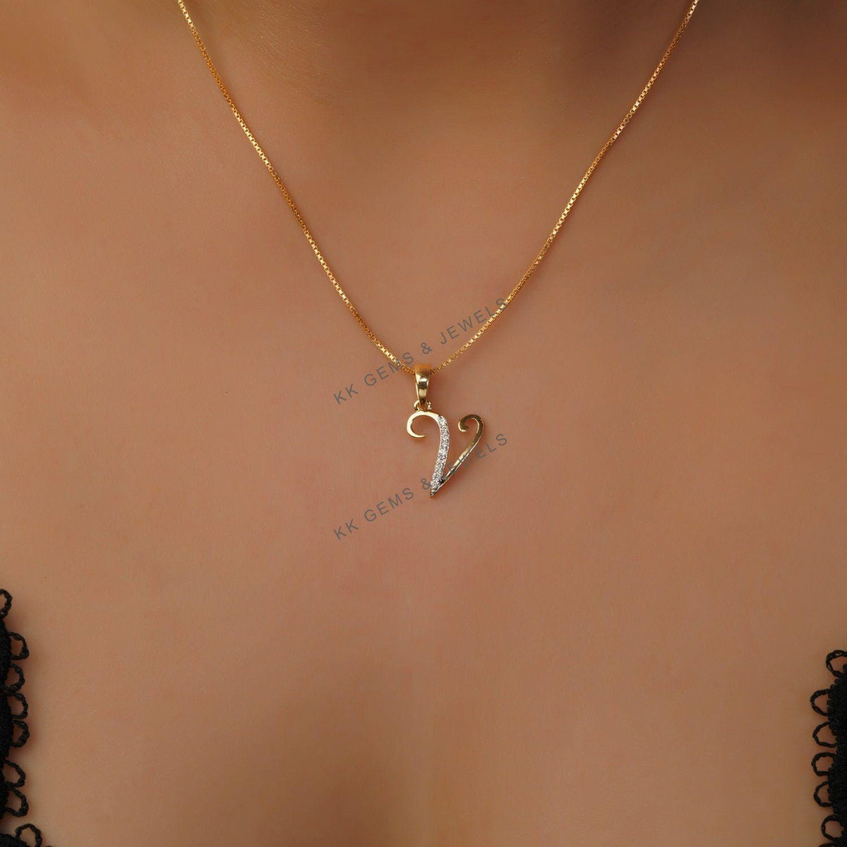 14K Solid Gold Initial V Pendant: Natural Diamond Charm