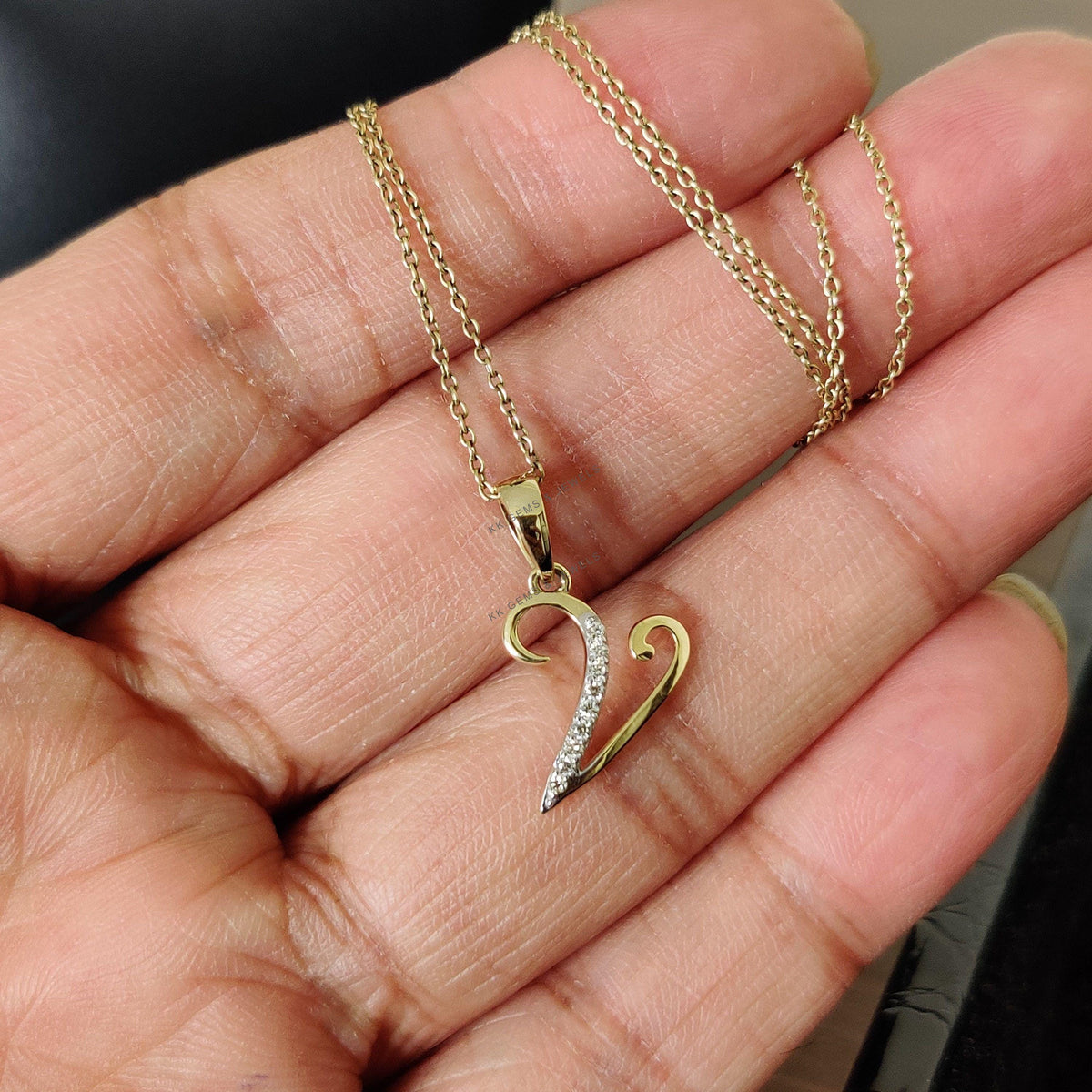 14K Solid Gold Initial V Pendant: Natural Diamond Charm