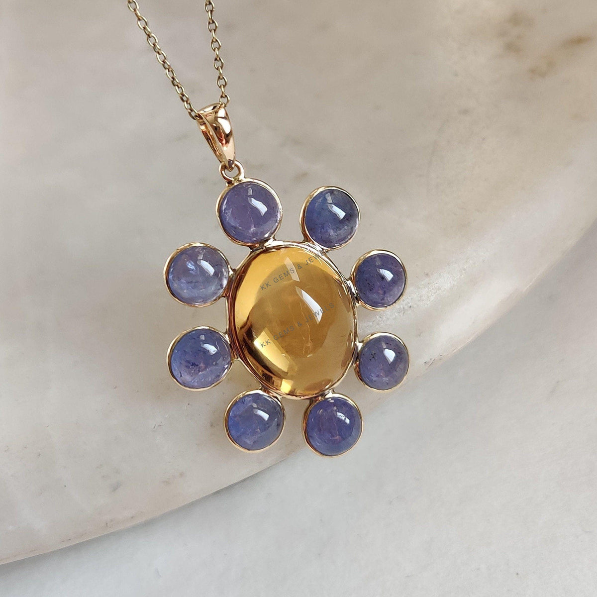 14K Solid Yellow Gold Natural Citrine & Tanzanite Pendant, November Birthstone