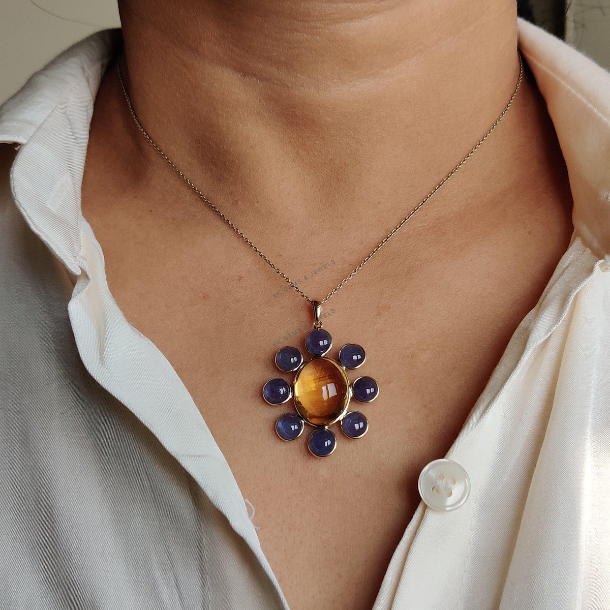 14K Solid Yellow Gold Natural Citrine & Tanzanite Pendant, November Birthstone
