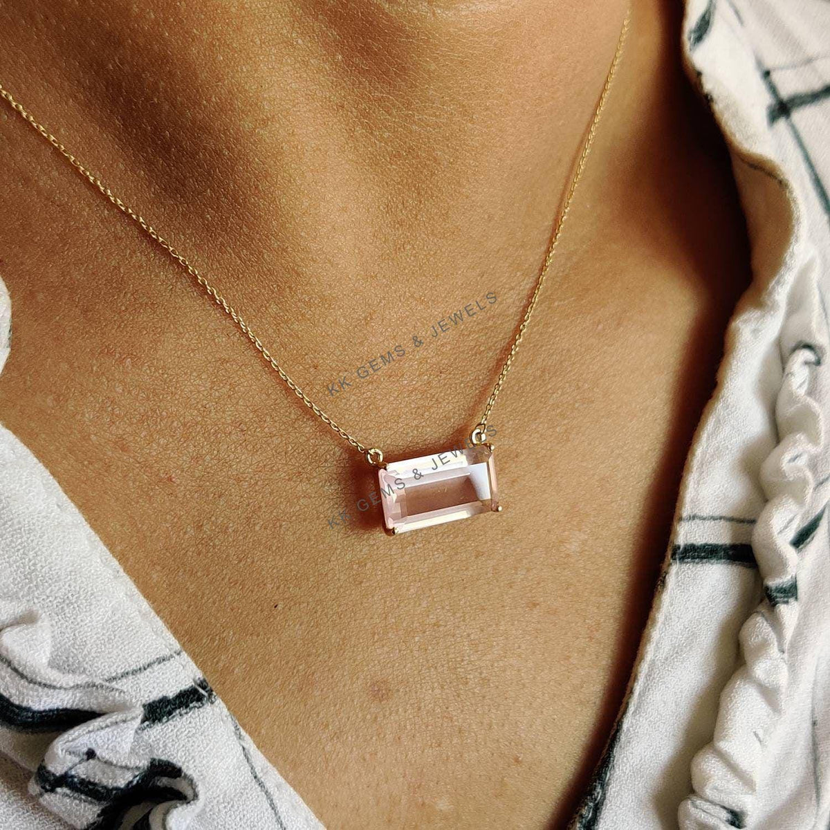 14K Solid Gold Natural Rose Quartz Octagon Pendant, January Birthstone Chain Necklace
