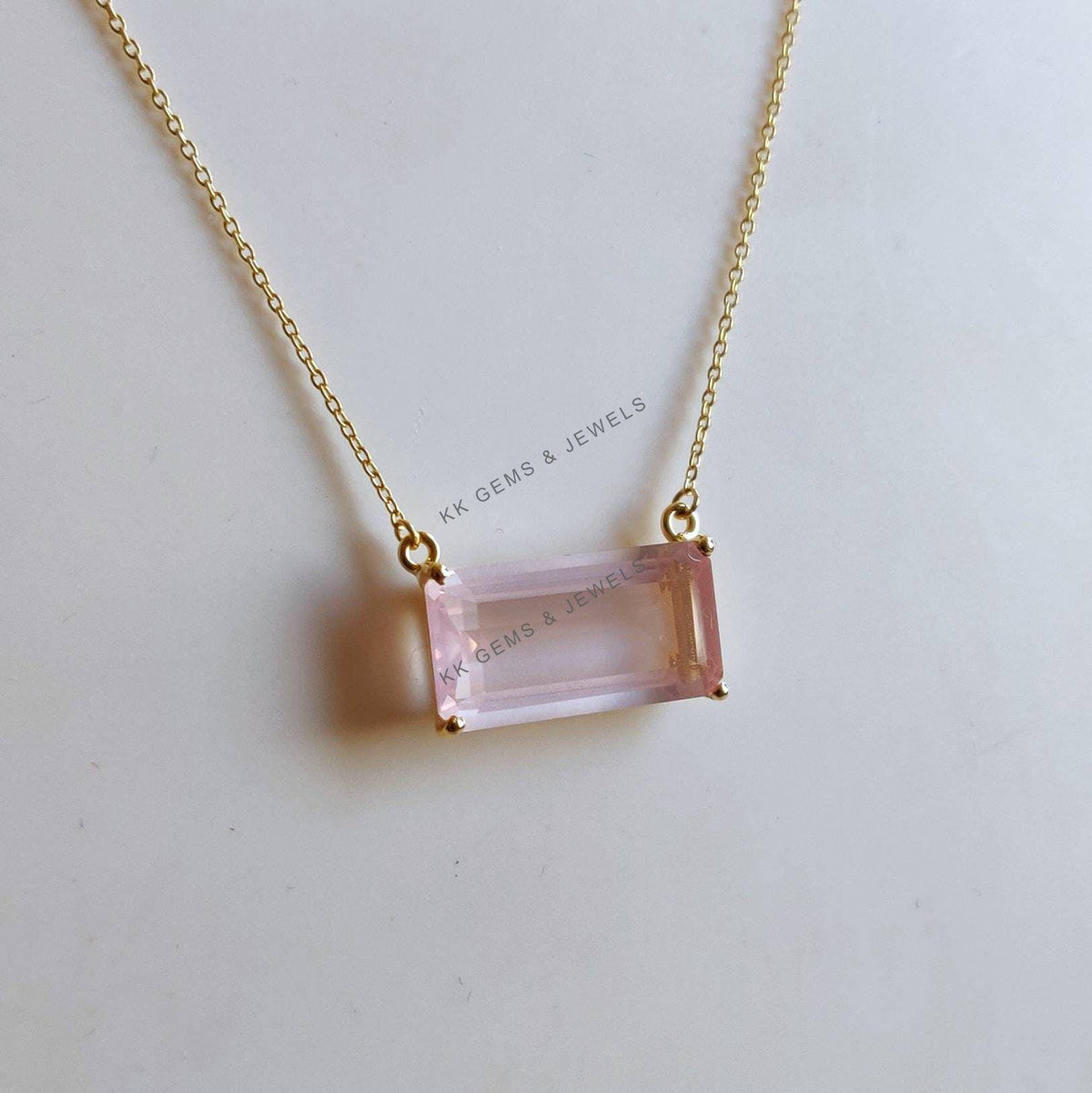 14K Solid Gold Natural Rose Quartz Octagon Pendant, January Birthstone Chain Necklace