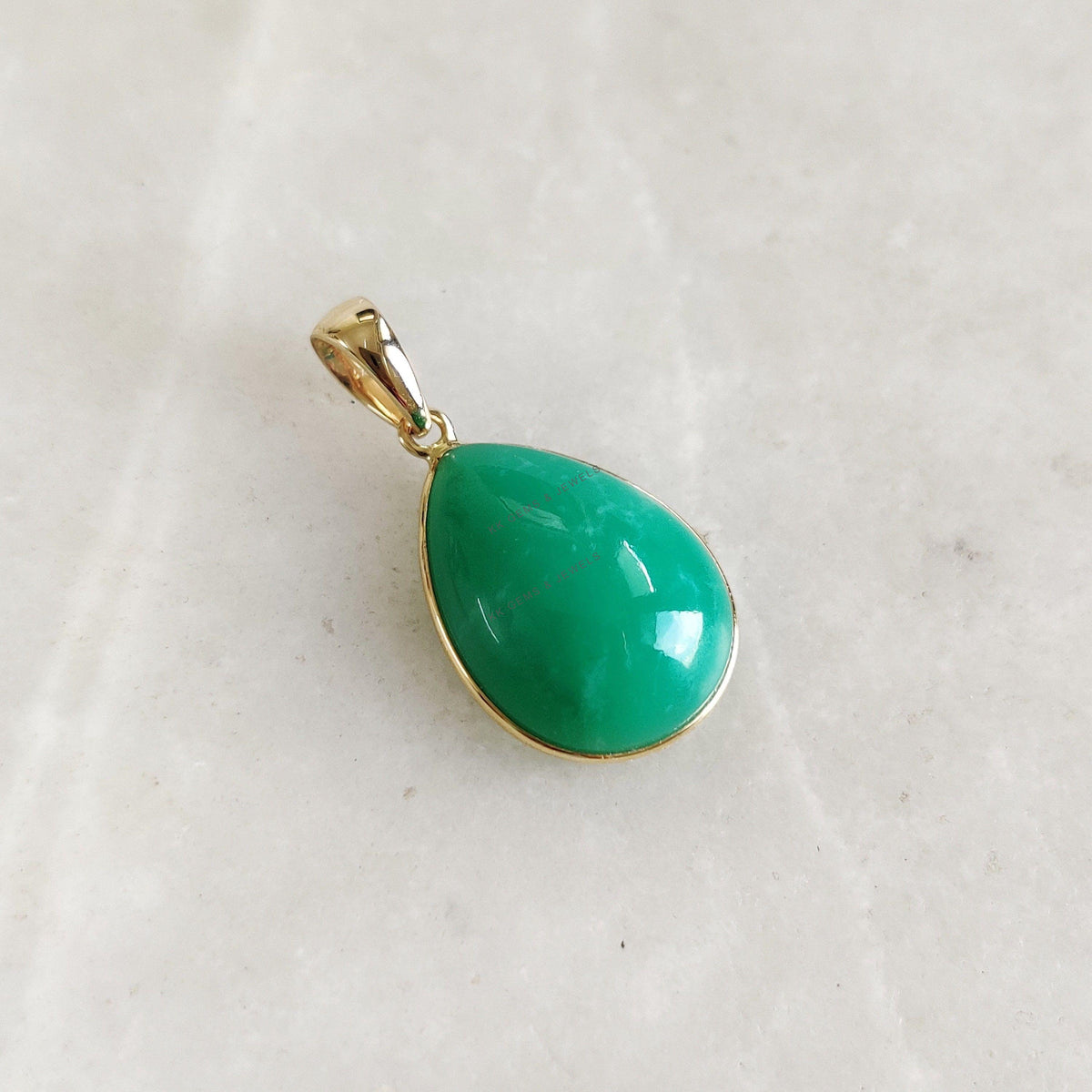 14K Solid Yellow Gold Natural Chrysoprase Pendant, Pear Cabochon, May Birthstone