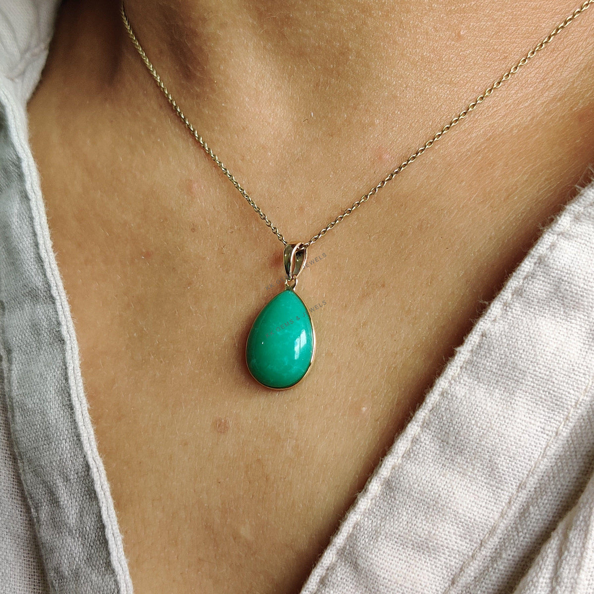 14K Solid Yellow Gold Natural Chrysoprase Pendant, Pear Cabochon, May Birthstone