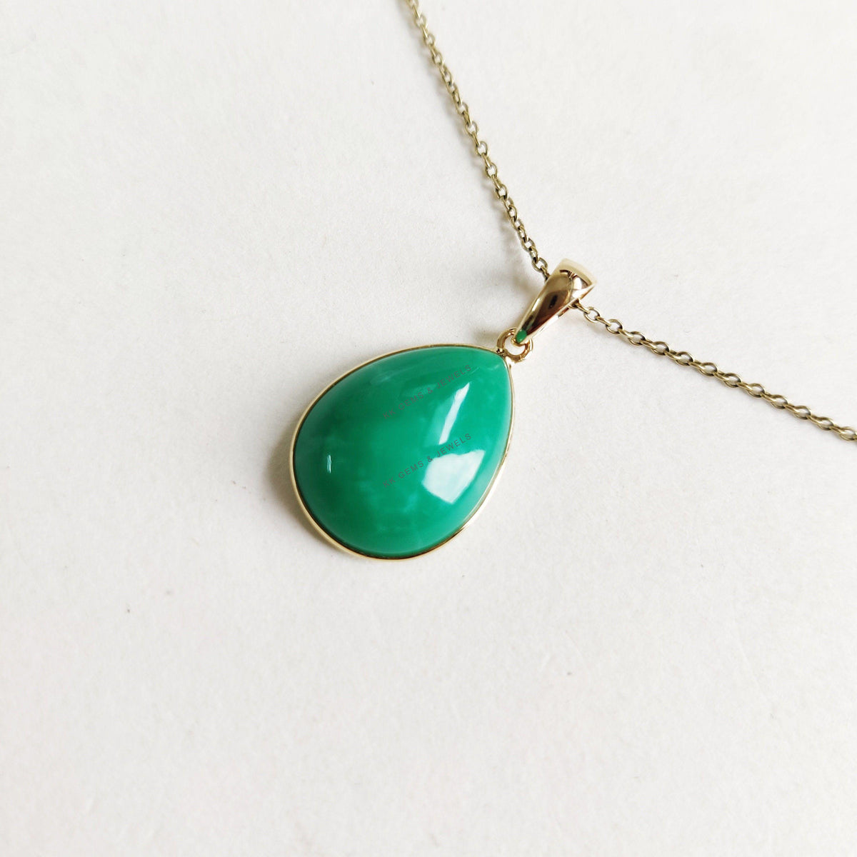 14K Solid Yellow Gold Natural Chrysoprase Pendant, Pear Cabochon, May Birthstone