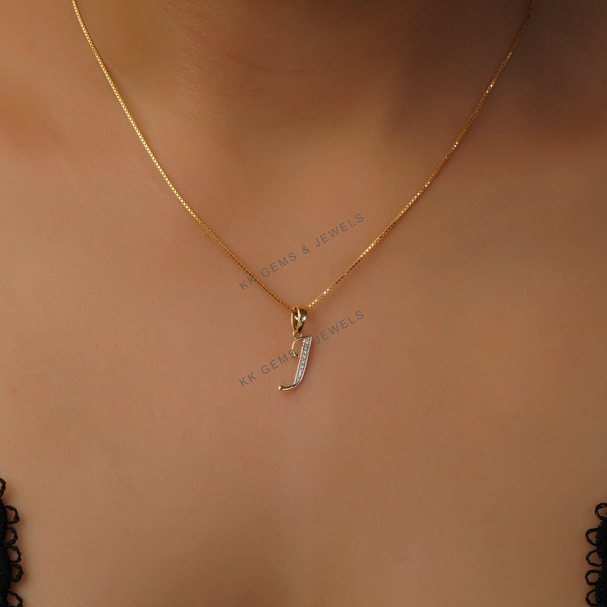14K Solid Yellow Gold Initial J Diamond Pendant, Birthday Gift