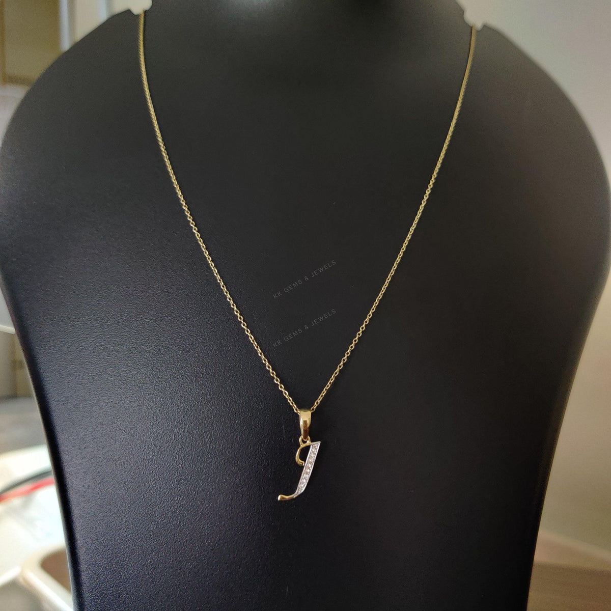 14K Solid Yellow Gold Initial J Diamond Pendant, Birthday Gift