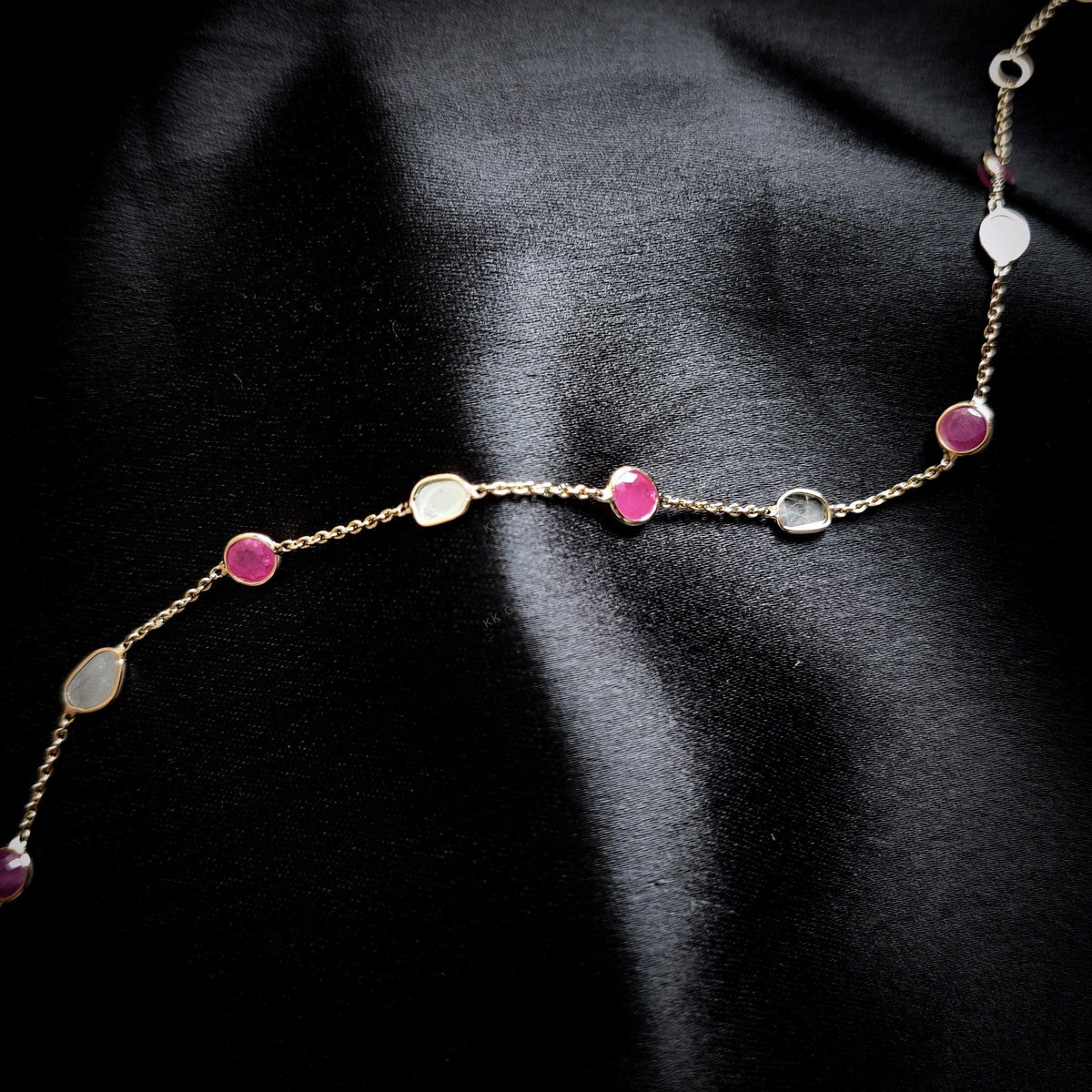 14K Solid Gold Natural Ruby & Diamond Slice Bracelet, July April Birthstone