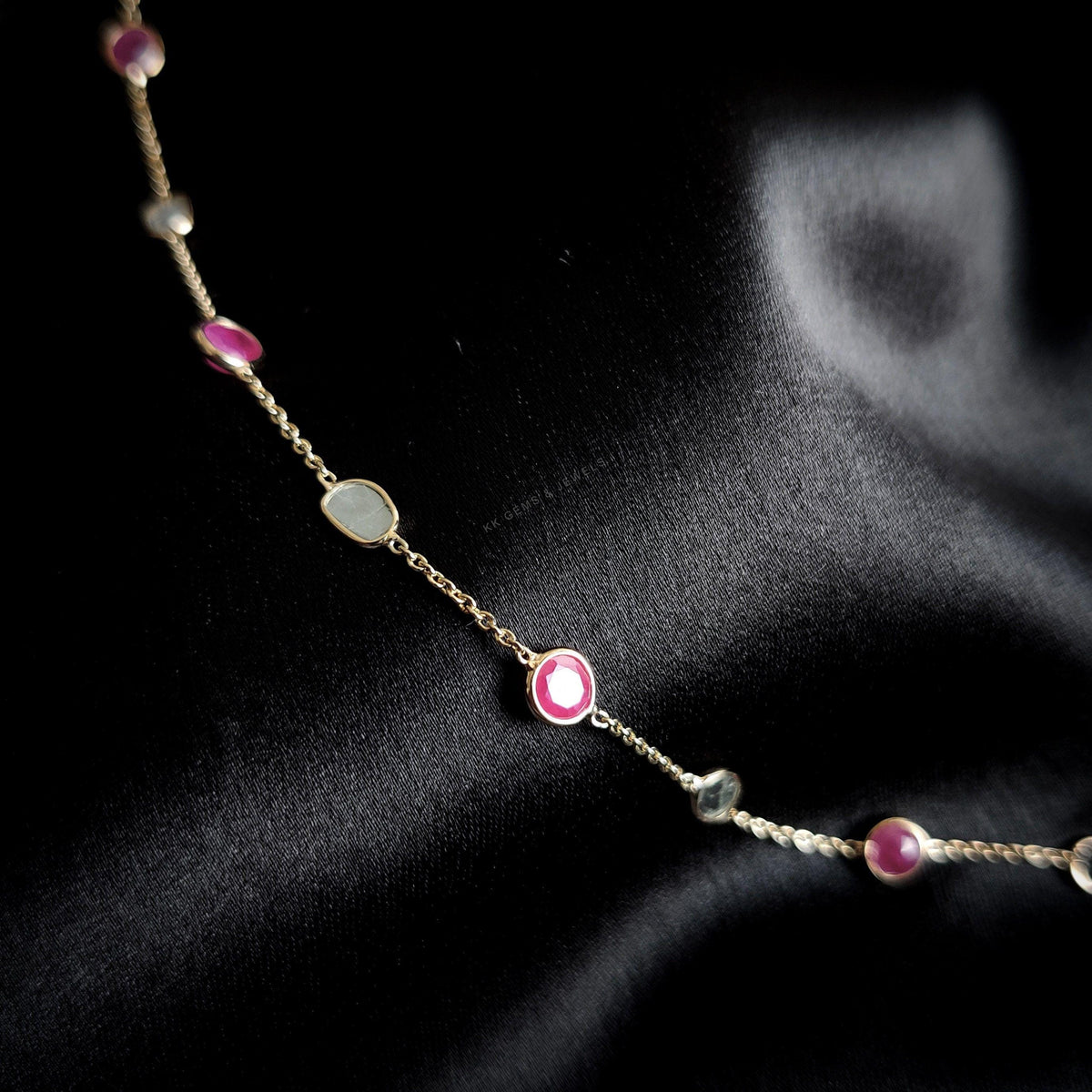 14K Solid Gold Natural Ruby & Diamond Slice Bracelet, July April Birthstone