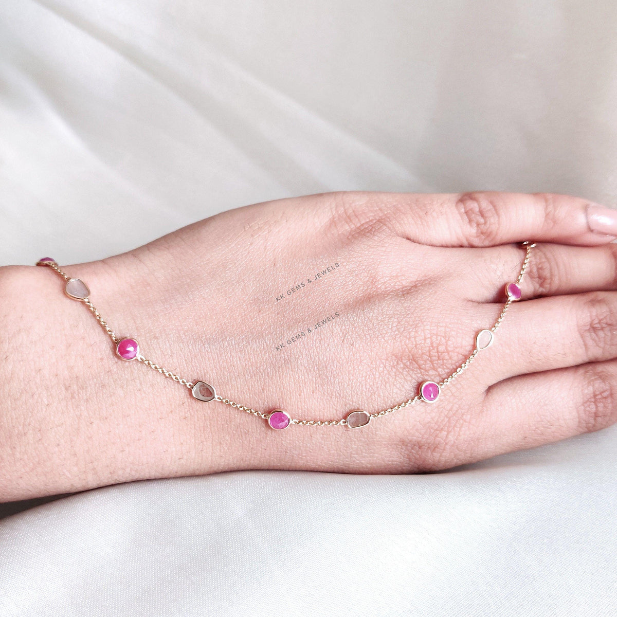 14K Solid Gold Natural Ruby & Diamond Slice Bracelet, July April Birthstone