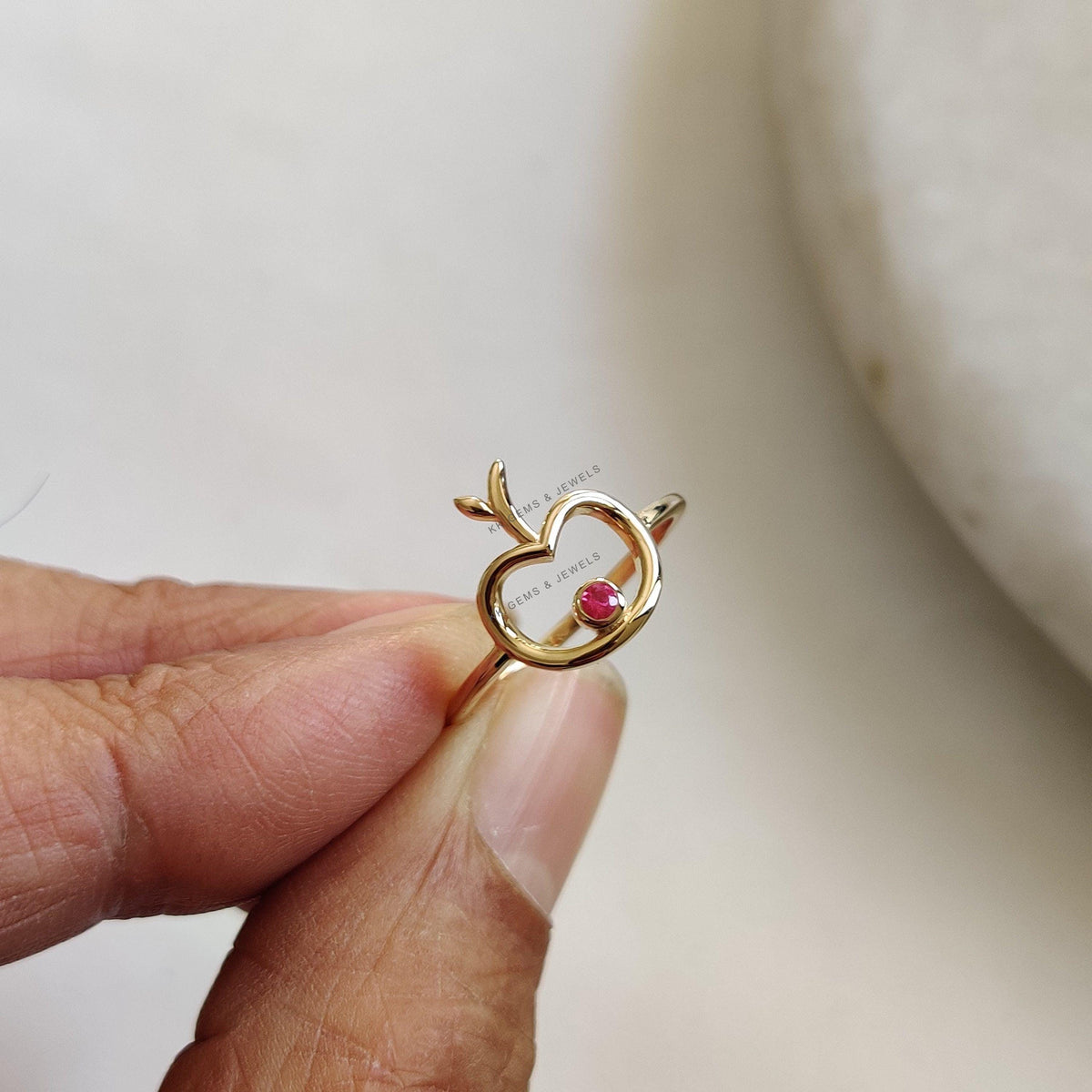 14K Solid Yellow Gold Natural Ruby Ring, July Birthstone, Dainty Apple Jewelry