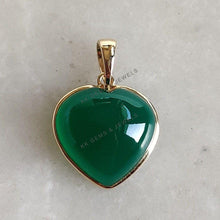 14K Solid Gold Natural Green Onyx Heart Pendant, May Birthstone Valentine Jewelry