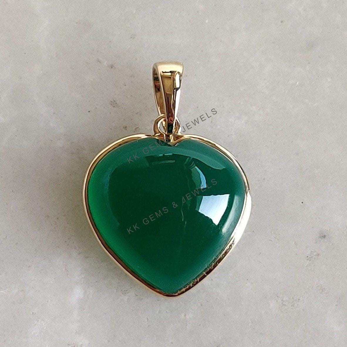14K Solid Gold Natural Green Onyx Heart Pendant, May Birthstone Valentine Jewelry