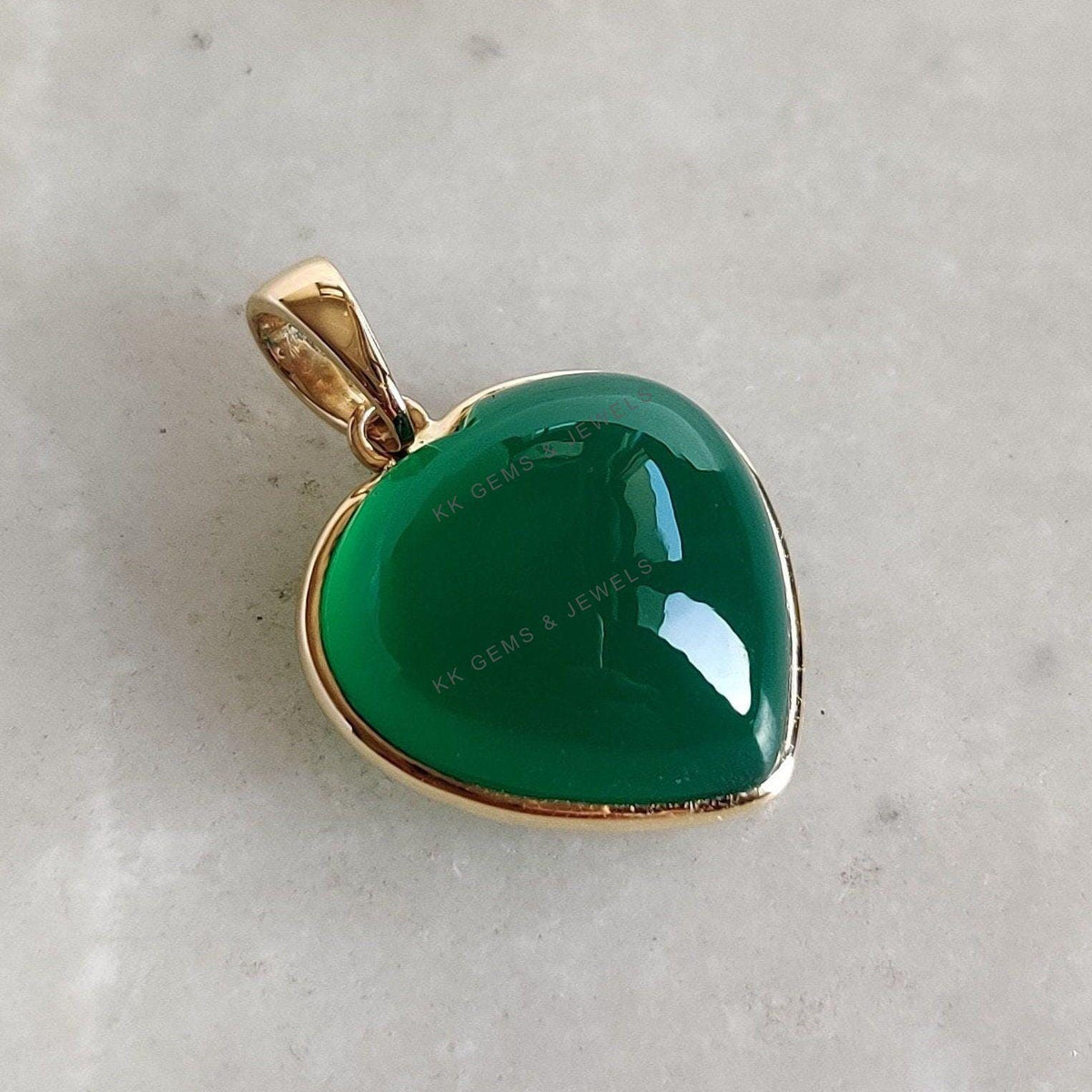 14K Solid Gold Natural Green Onyx Heart Pendant, May Birthstone Valentine Jewelry