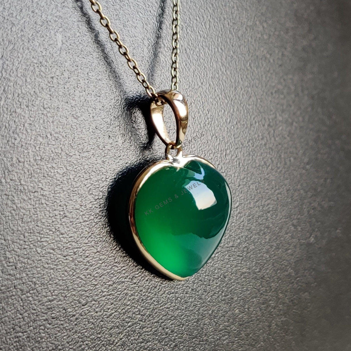 14K Solid Gold Natural Green Onyx Heart Pendant, May Birthstone Valentine Jewelry