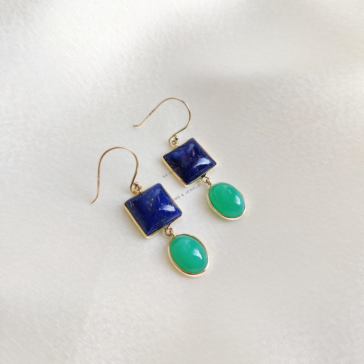 14K Solid Yellow Gold Natural Lapis Lazuli & Chrysoprase Earrings, September Birthstone