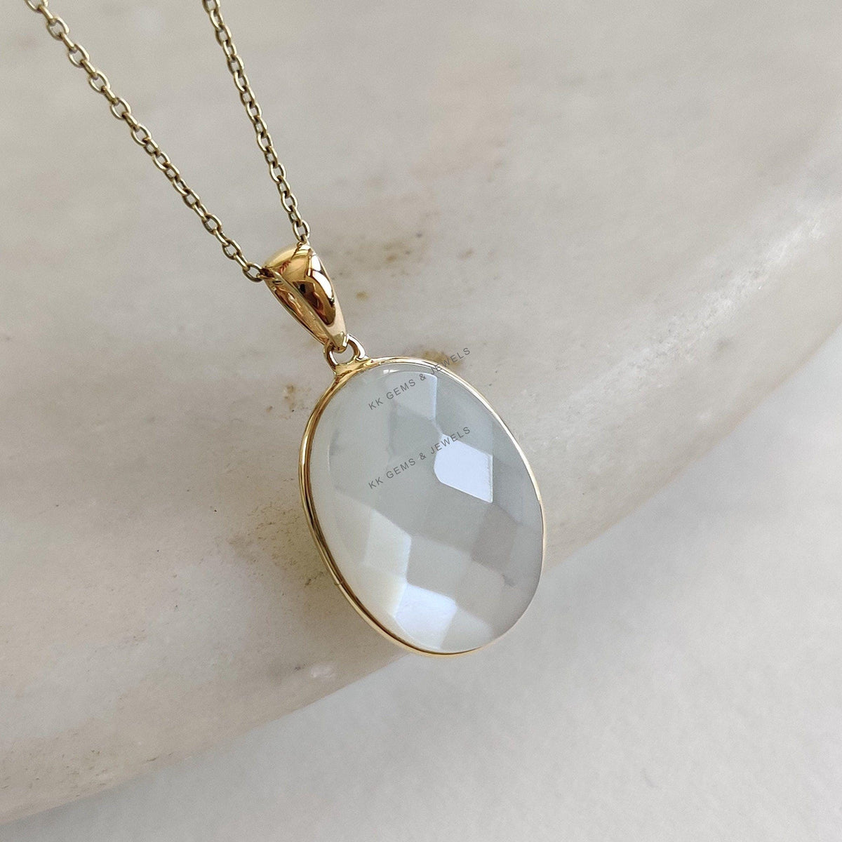 14K Solid Gold Natural White Moonstone Pendant, June Birthstone Jewelry