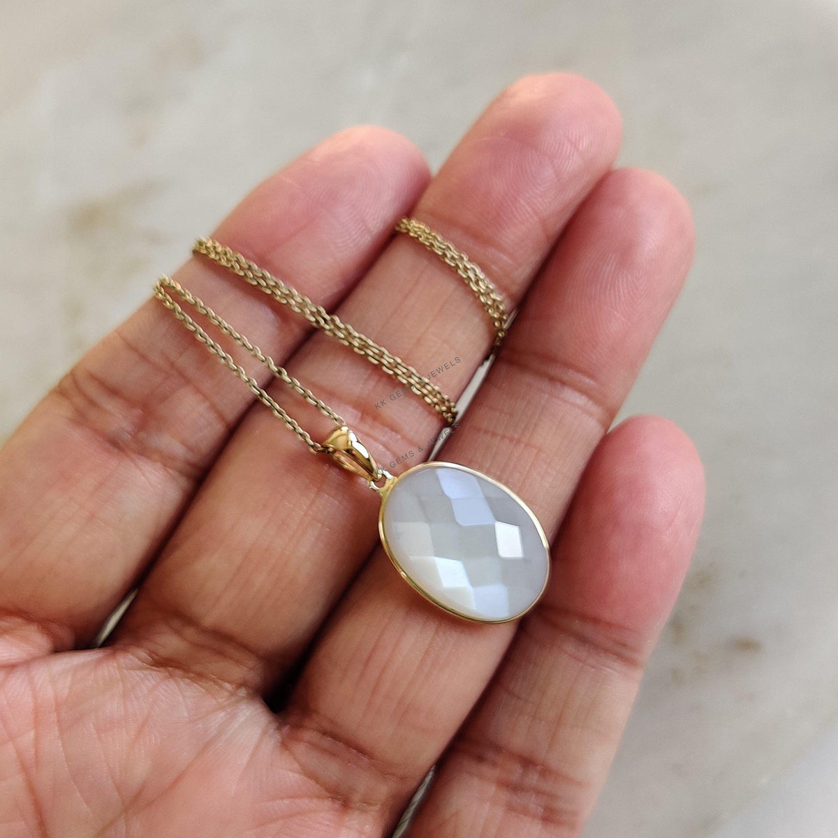 14K Solid Gold Natural White Moonstone Pendant, June Birthstone Jewelry