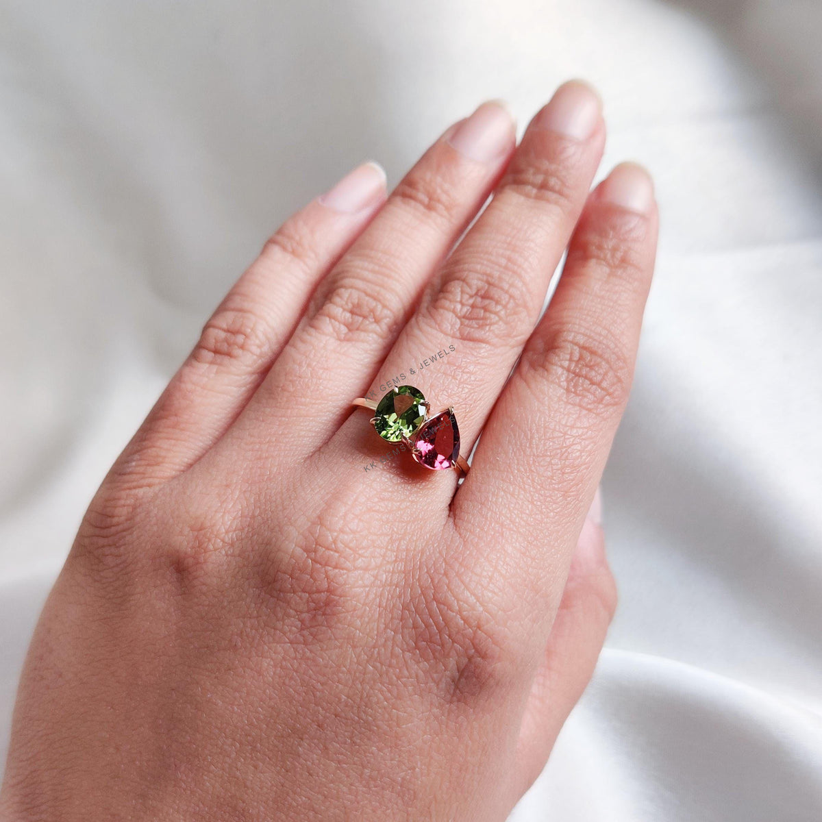 14K Solid Yellow Gold Natural Rhodolite Garnet & Peridot Toi et Moi Ring,