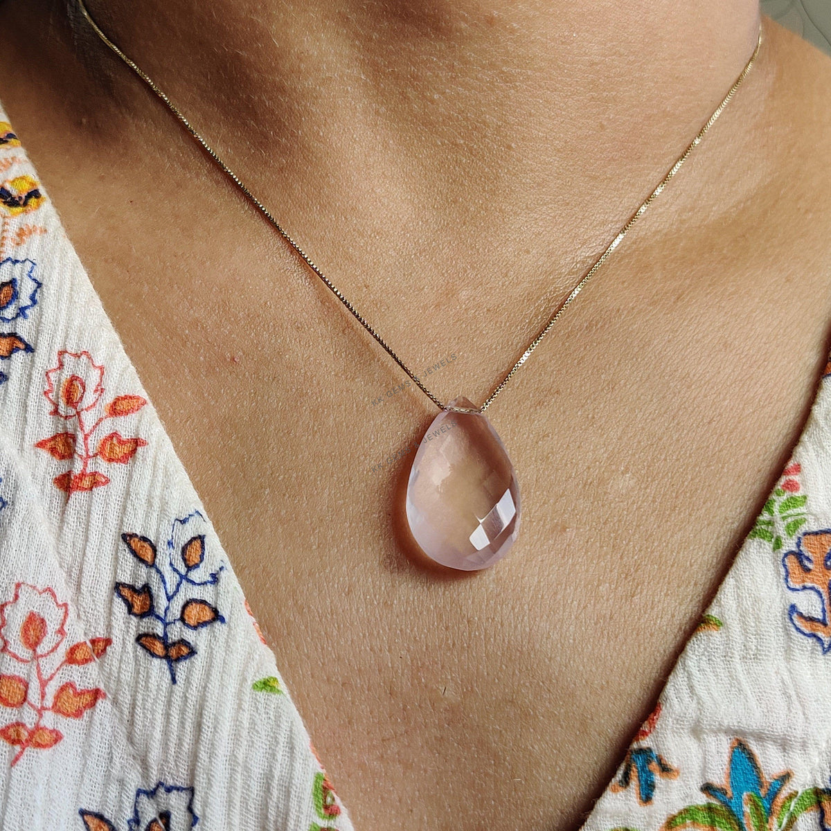 14K Solid Yellow Gold Natural Rose Quartz Drill Chain Necklace, January Birthstone