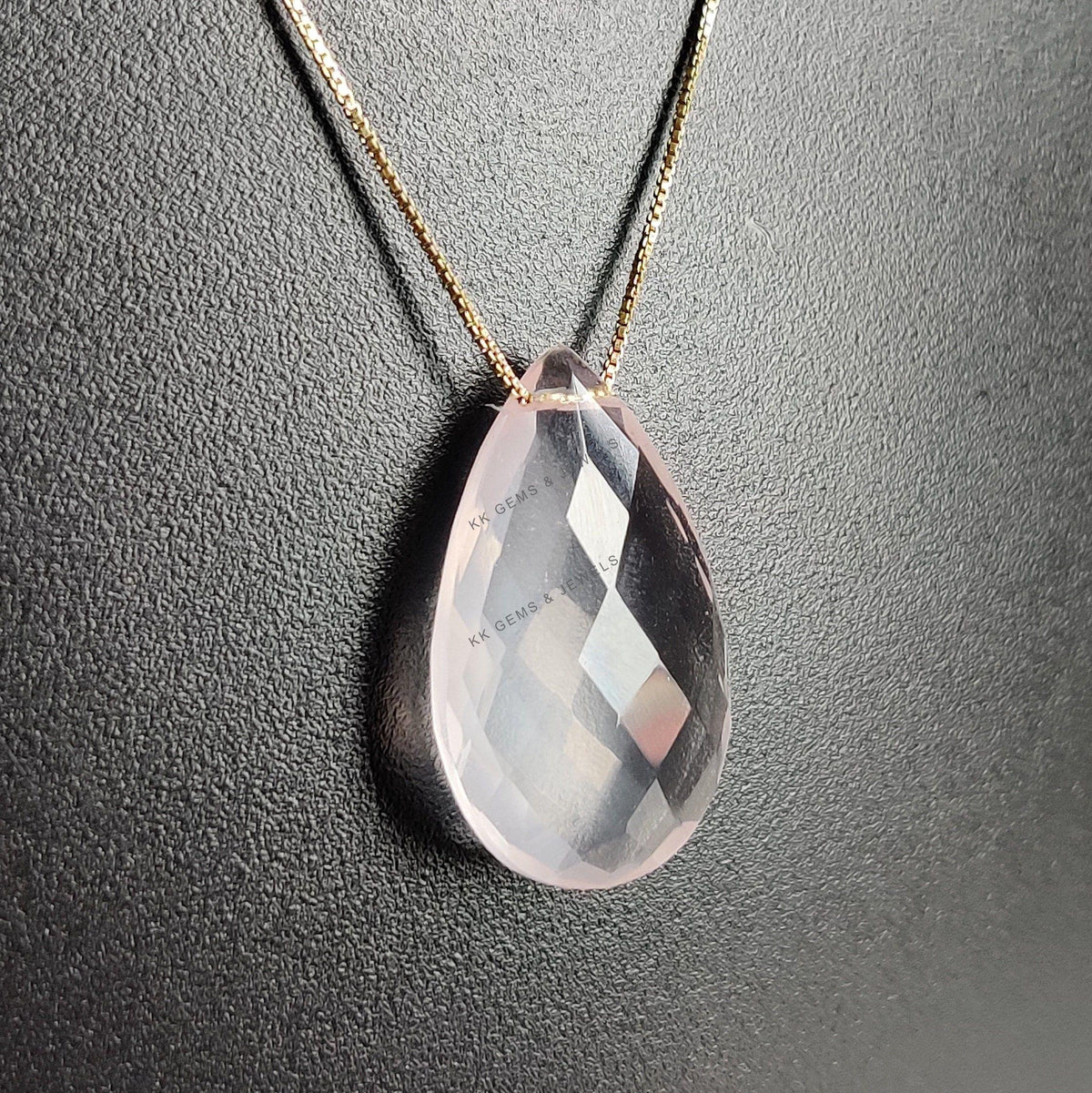 14K Solid Yellow Gold Natural Rose Quartz Drill Chain Necklace, January Birthstone