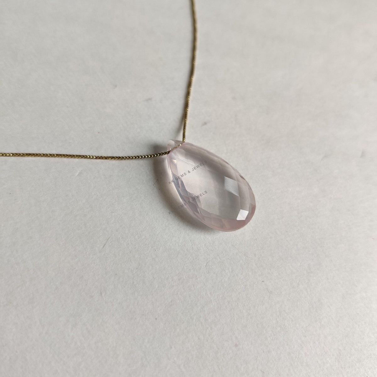 14K Solid Yellow Gold Natural Rose Quartz Drill Chain Necklace, January Birthstone