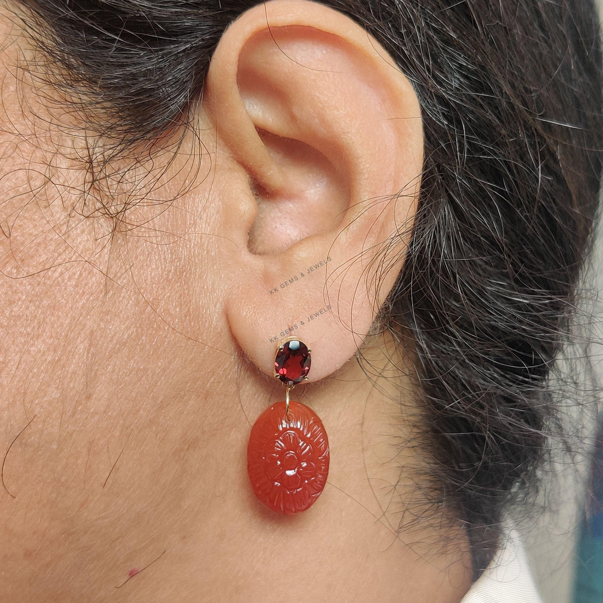 14K Solid Yellow Gold Natural Garnet & Carved Red Onyx Earrings, January Birthstone