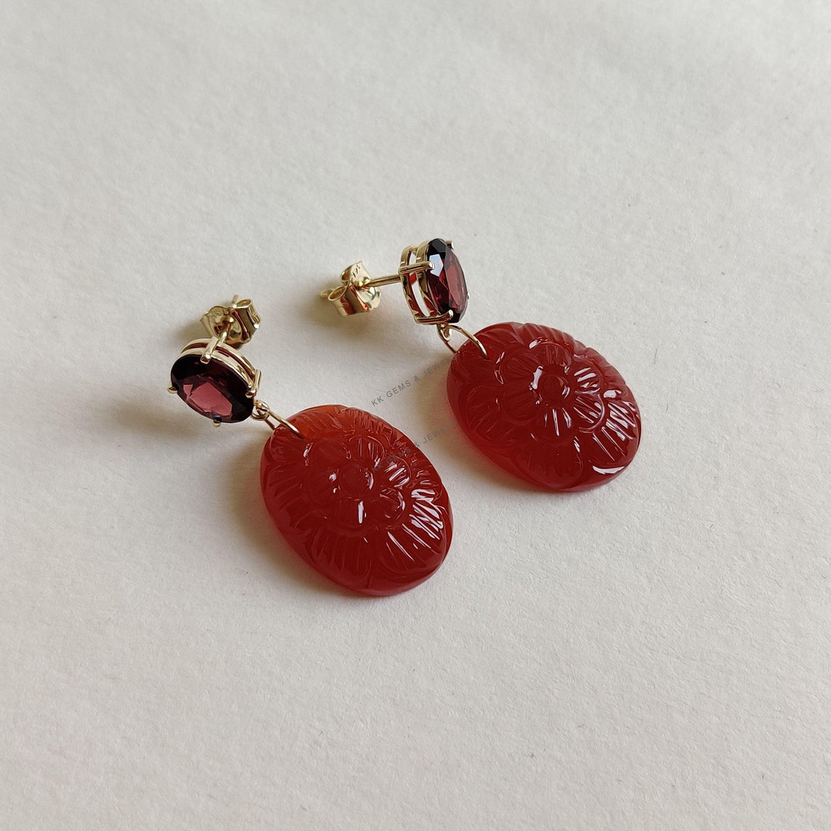 14K Solid Yellow Gold Natural Garnet & Carved Red Onyx Earrings, January Birthstone