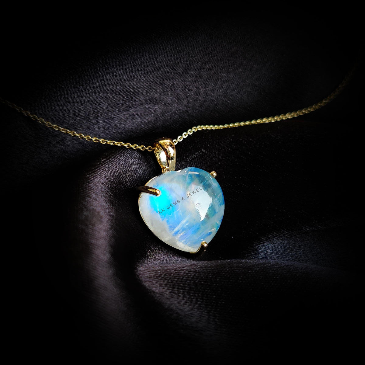 14K Solid Gold Natural Rainbow Moonstone Heart Pendant - June Birthstone