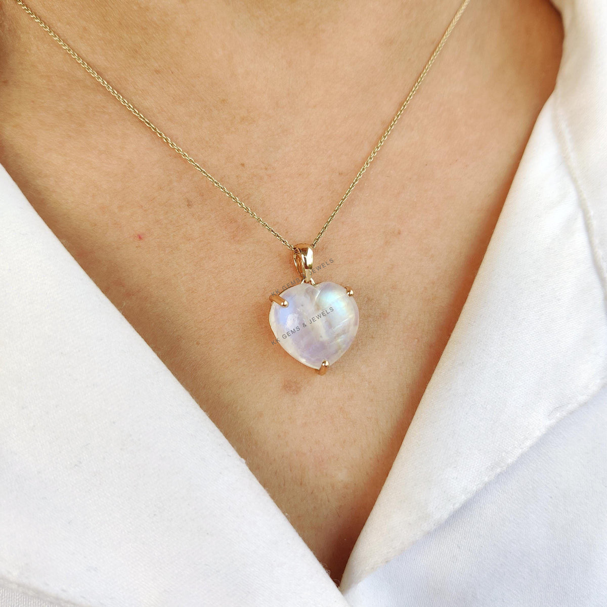 14K Solid Gold Natural Rainbow Moonstone Heart Pendant - June Birthstone