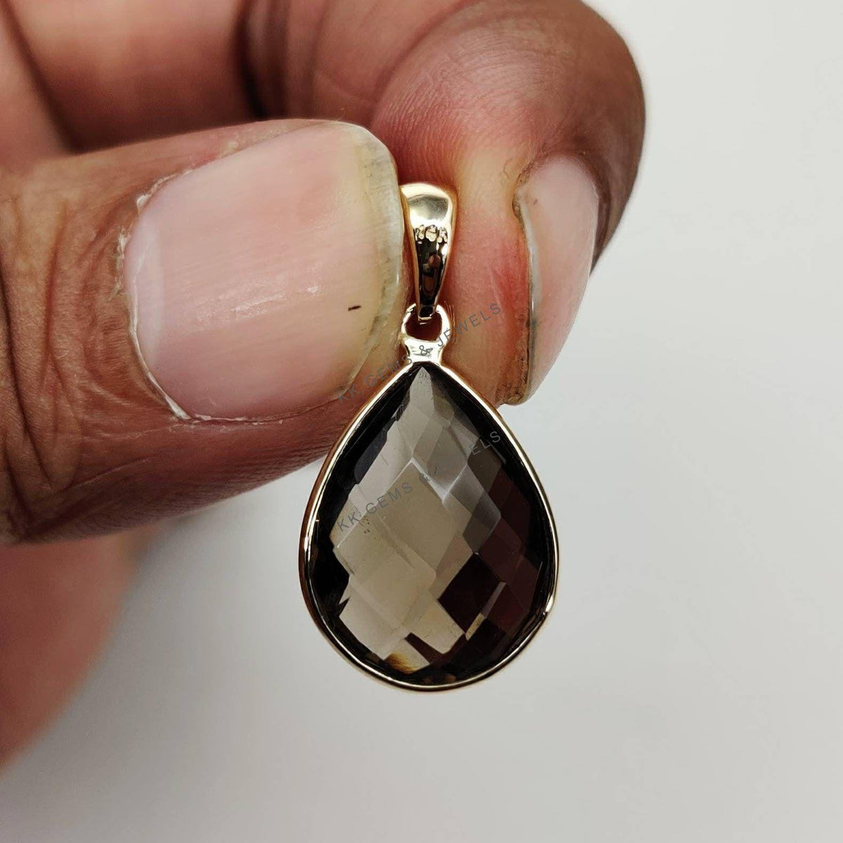 14K Solid Gold Pear Natural Smoky Quartz Pendant - June Birthstone