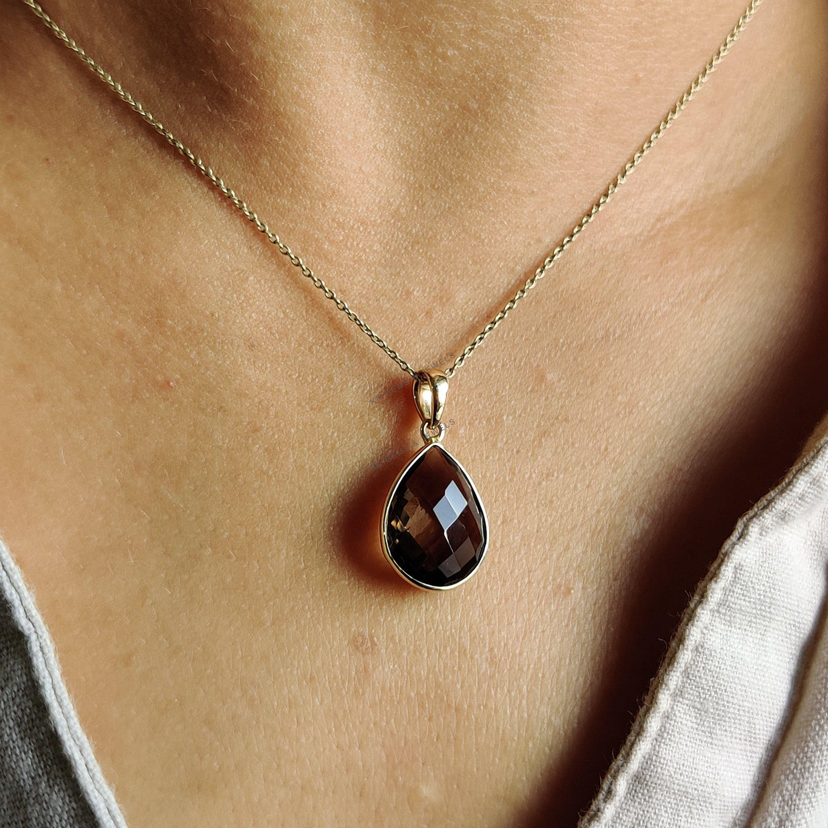 14K Solid Gold Pear Natural Smoky Quartz Pendant - June Birthstone