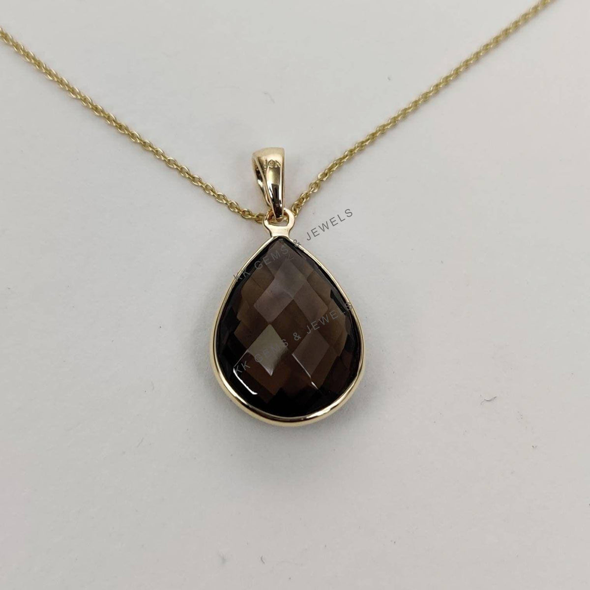 14K Solid Gold Pear Natural Smoky Quartz Pendant - June Birthstone