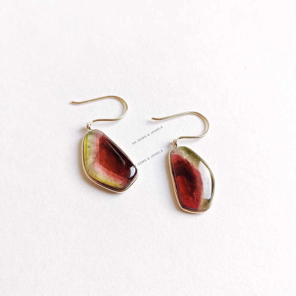 14K SolidYellow Gold Natural Watermelon Tourmaline Bezel Earrings, October Birthstone