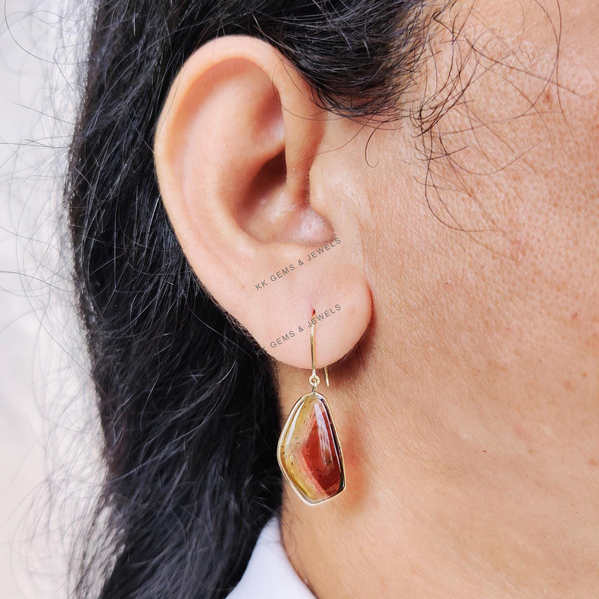 14K SolidYellow Gold Natural Watermelon Tourmaline Bezel Earrings, October Birthstone