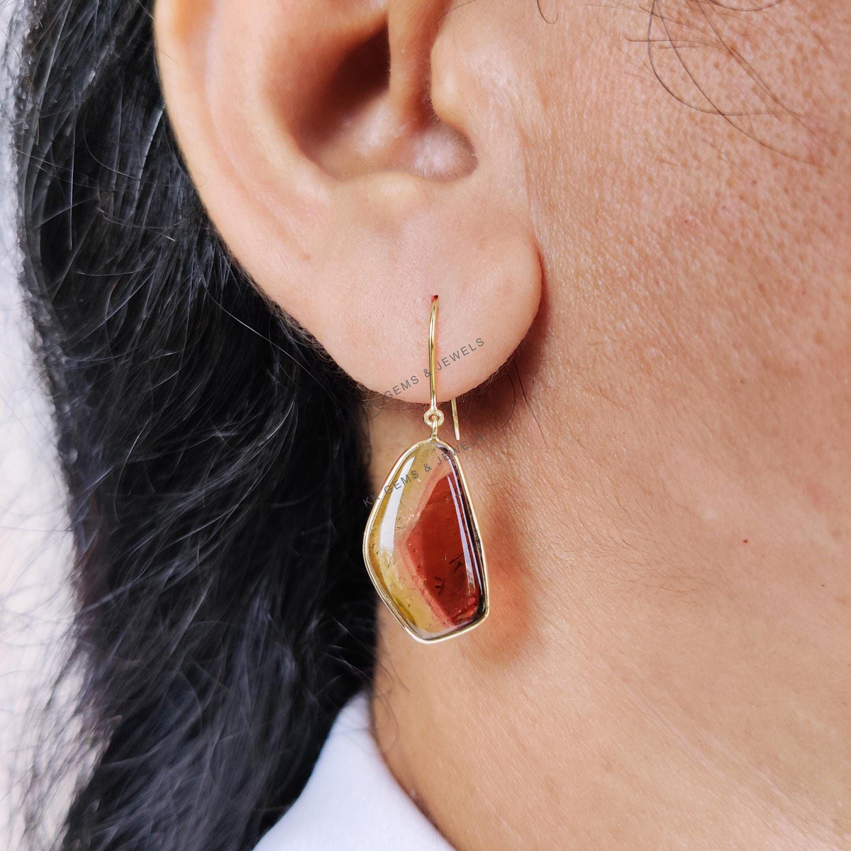 14K SolidYellow Gold Natural Watermelon Tourmaline Bezel Earrings, October Birthstone