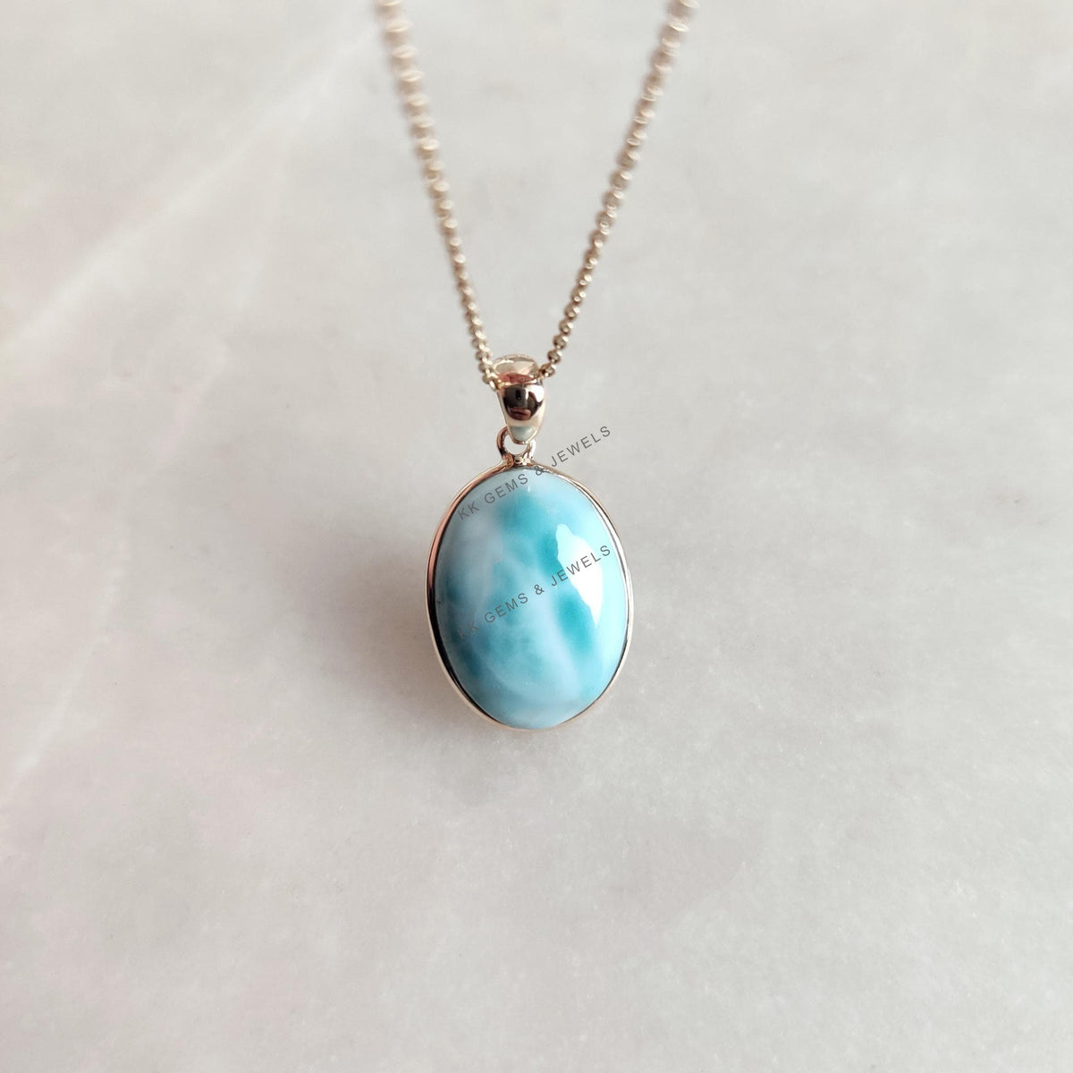 14K Solid Yellow Gold Natural Larimar Pendant: Oval Cabochon, February March Birthstone