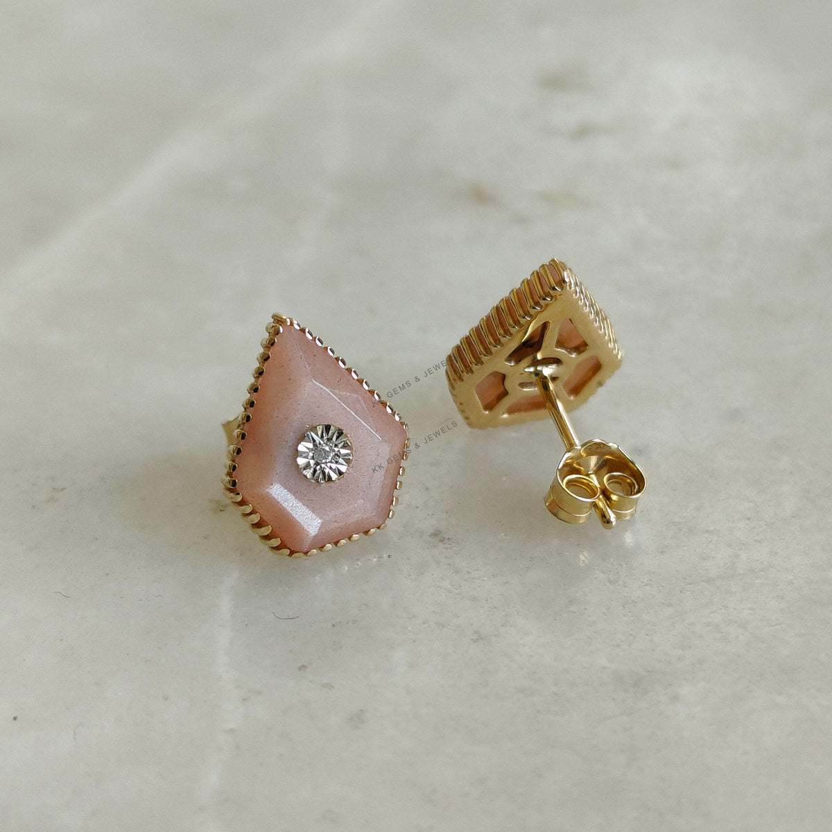 Natural Peach Moonstone & Diamond Studs, 14K Solid Yellow Gold Diamond Jewelry