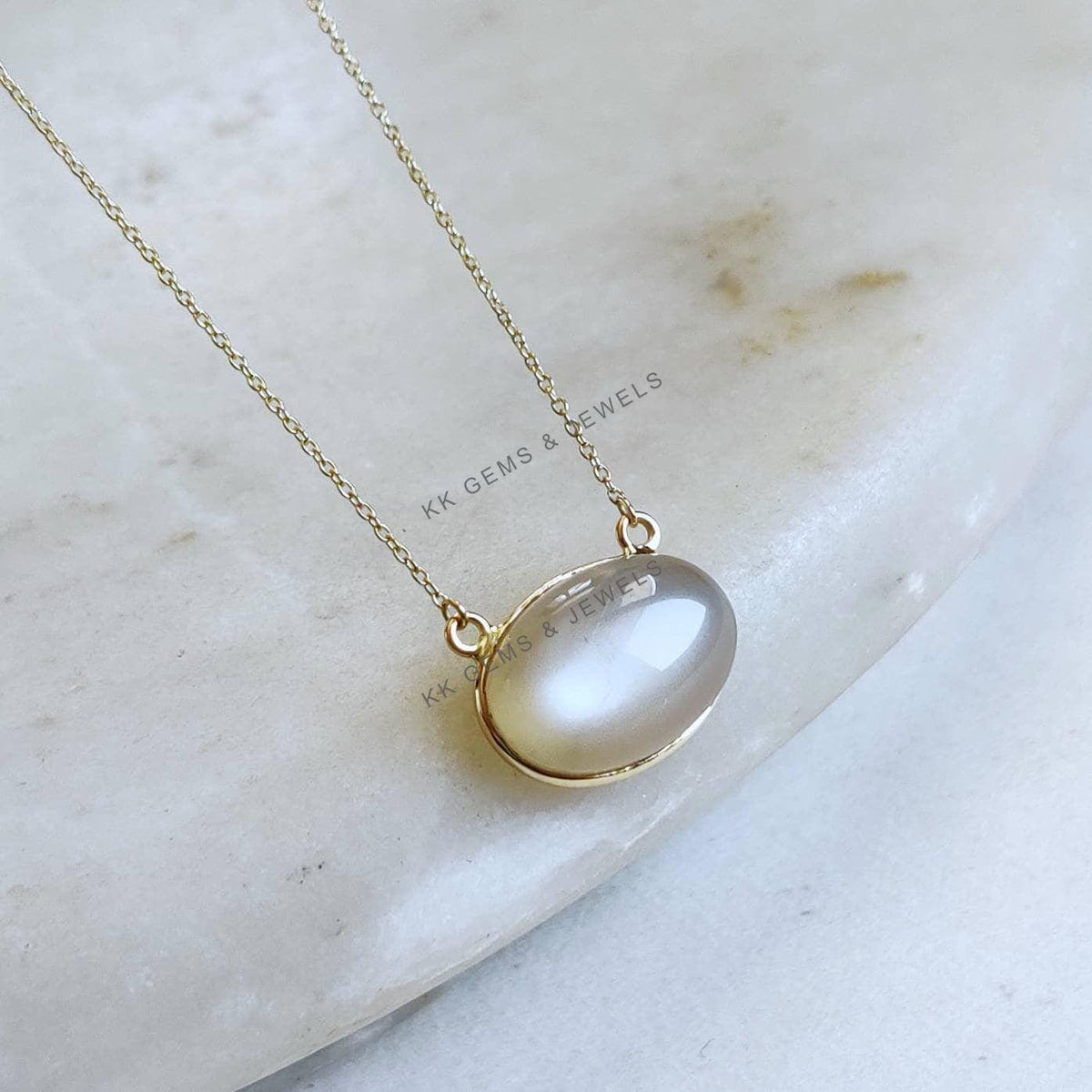 14K Solid Yellow Gold Bezel Natural White Moonstone Pendant, June Birthstone