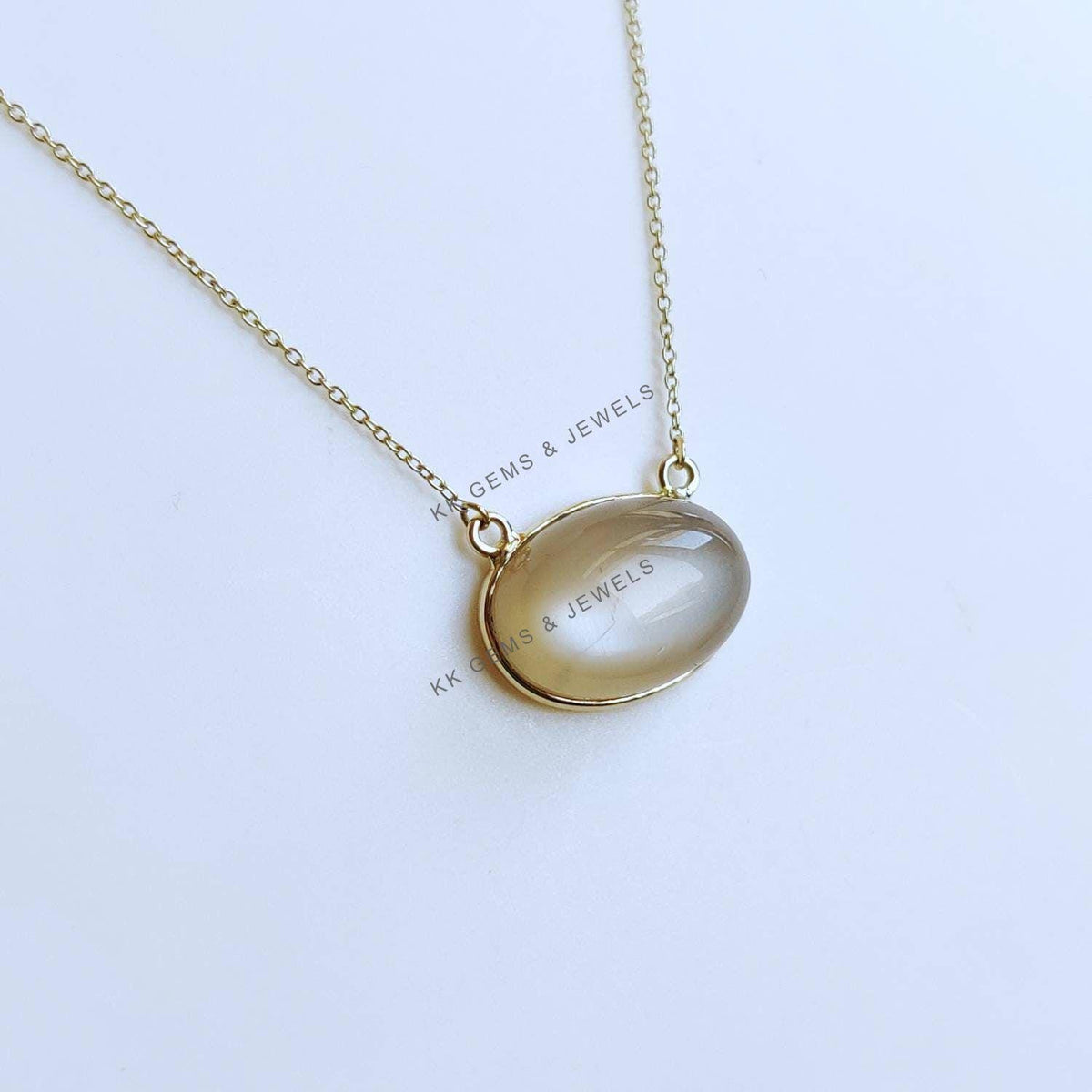 14K Solid Yellow Gold Bezel Natural White Moonstone Pendant, June Birthstone